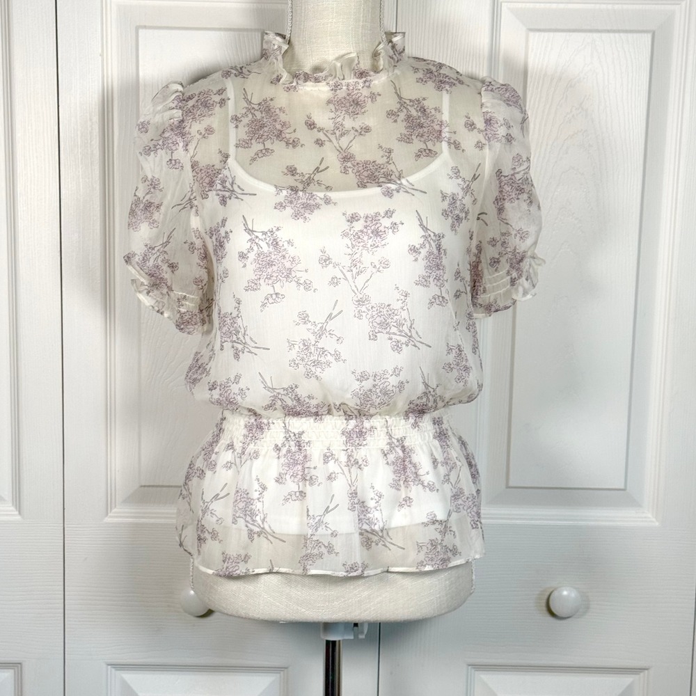 Sugar + Lips Floral Ruffle Mock Neck Smocked Blouse Cream Purple S